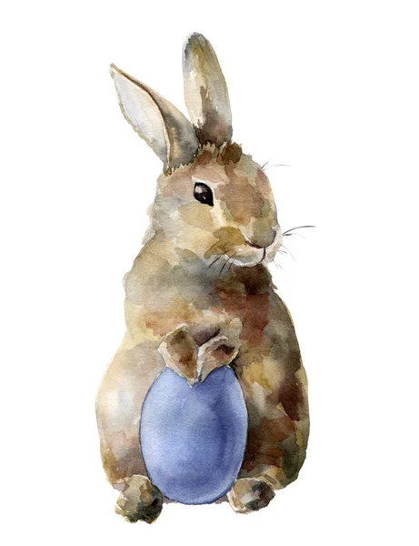 Акварель Пасхальный кролик с цветным яйцом. Ручная раскрашенная карточка с традиционными символами на белом фоне. Симпатичный кролик для дизайна . — стоковое фото