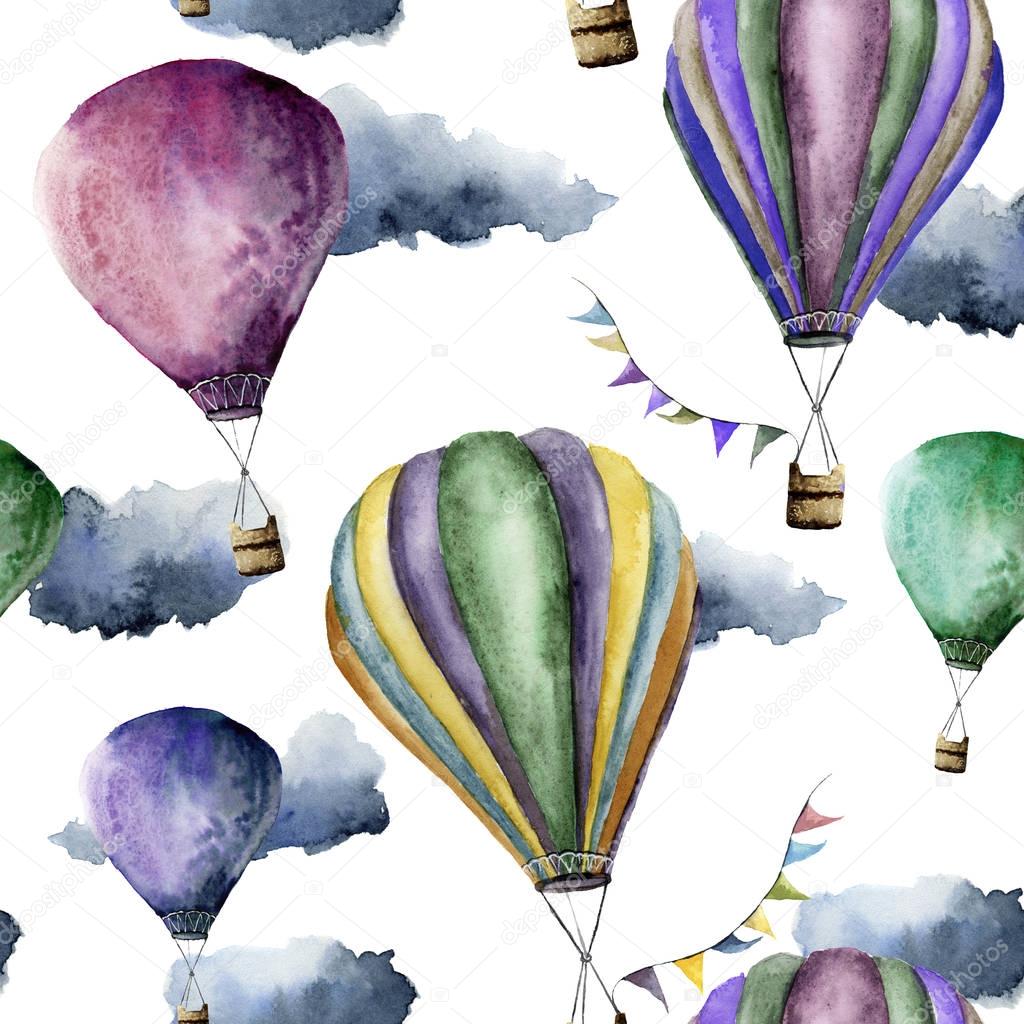 Watercolor pattern with bright hot air balloon. Transport ornament with flag garlands and clouds isolated on white background.