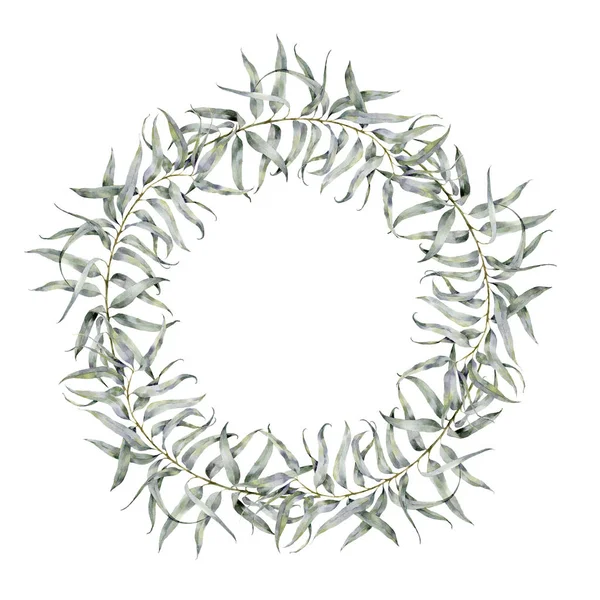 Φύλλα ακουαρέλας floral στεφάνι με ευκάλυπτο. Ζωγραφισμένα στο χέρι floral στεφάνι με κλαδιά, φύλλα του ευκαλύπτου που απομονώνονται σε λευκό φόντο. Για το σχεδιασμό ή φόντο — Φωτογραφία Αρχείου