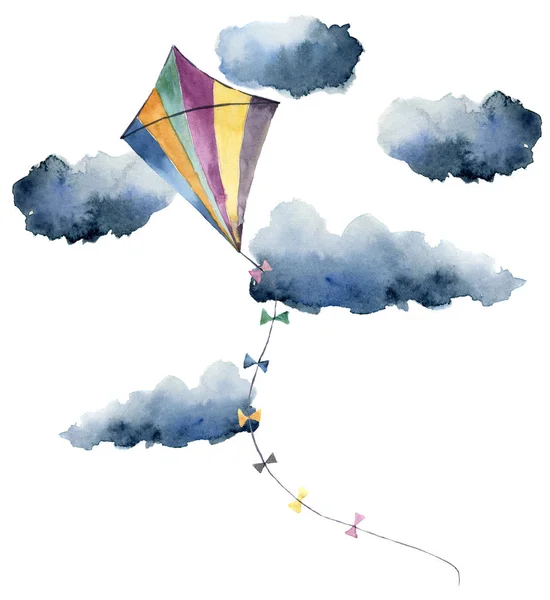 雲とレトロなデザインと水彩の凧。手描きのイラストが白い背景で隔離。デザインまたは印刷用. — ストック写真