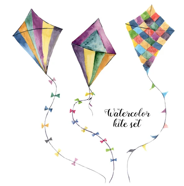 Watercolor kite set with vintage design. Hand painted illustrations isolated on white background. For design or print. — Stock Photo, Image