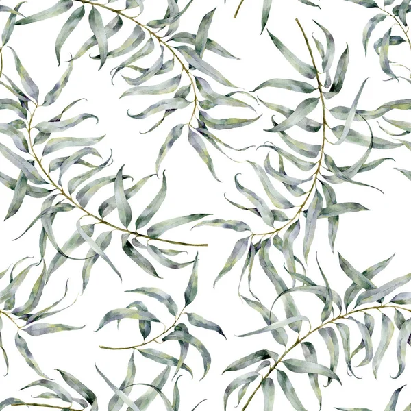 Patrón de acuarela con eucalipto. Adorno pintado a mano con ramas con hojas aisladas sobre fondo blanco. Impresión natural para diseño, tela . —  Fotos de Stock