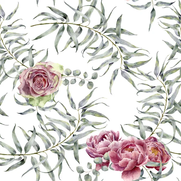 Akwarela wzór z eukaliptusa i kwiat. Ręcznie malowane kwiatowy ornament z gałęzie z liśćmi, Piwonia i rose na białym tle. Naturalne drukowania dla projektu, tkaniny. — Zdjęcie stockowe