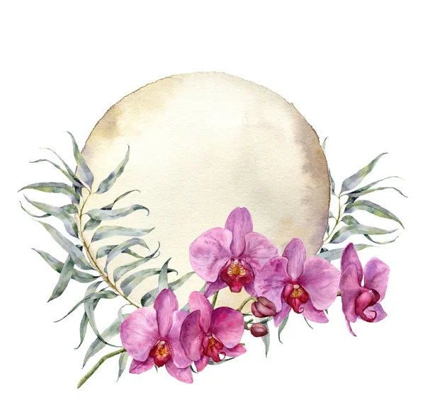 Carte vintage aquarelle avec orchidées et feuilles d'eucalyptus. Illustration botanique florale peinte à la main isolée sur fond blanc. Pour la conception ou l'impression . — Photo