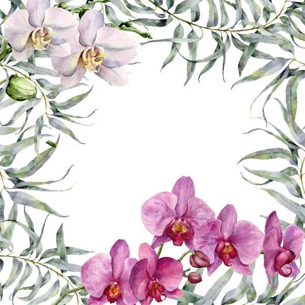 Akvarelu tropic karta s bílé a růžové orchideje a eukalyptu. Ručně malované květinové ilustrace s větví eukalyptu a exotických květin, izolované na bílém pozadí. Pro návrh a tisk. — Stock fotografie