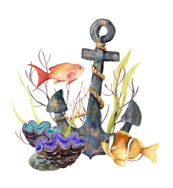 水彩的热带海卡。手绘热带鱼、 古锚、 海葵、 海藻、 珊瑚孤立在白色背景上。水下插图设计、 织物或打印. — 图库照片