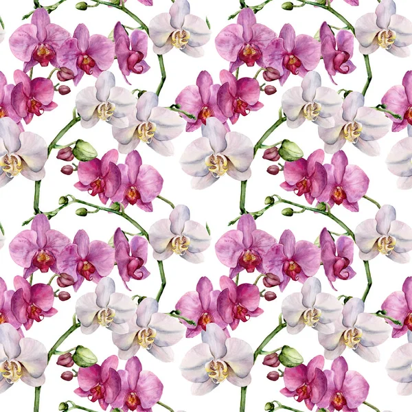 Padrão floral aquarela com orquídeas. Ornamento botânico pintado à mão com flores brancas e violetas. Para design, tecido ou impressão . — Fotografia de Stock