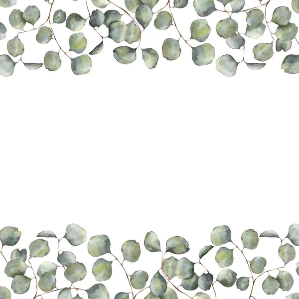Акварельно-зеленая рамка с серебряной веточкой эвкалипта. Ручная роспись цветочные границы изолированы на белом фоне. Для дизайна или печати — стоковое фото