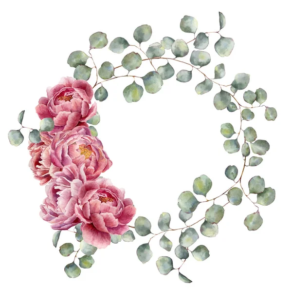Watercolor wreath with silver dollar eucalyptus branch and peony. Hand painted floral illustration with round leaves and pink flowers isolated on white background. For design or print. — Stock Photo, Image