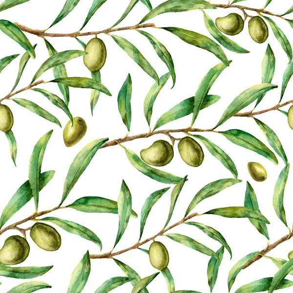 Patrón de oliva acuarela. Adorno floral inconsútil pintado a mano con bayas de olivo y ramas de árboles con hojas. Para diseño, impresión y tela —  Fotos de Stock