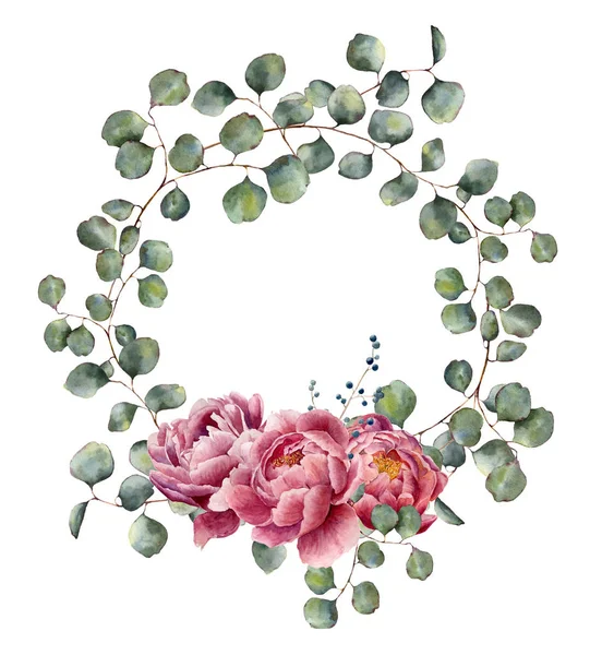 Aquarellkranz mit Eukalyptuszweig und Pfingstrose. handgemalte florale Illustration mit runden Blättern aus Silber-Dollar-Eukalyptus und rosa Blüten auf weißem Hintergrund. für Design oder Druck. — Stockfoto
