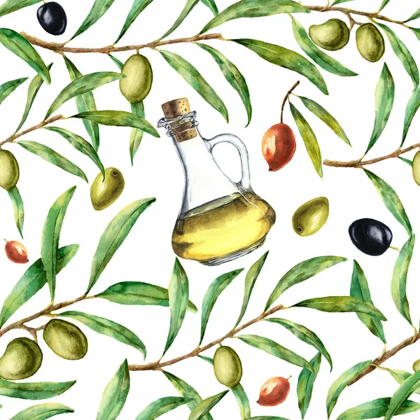 Patrón de acuarela con aceitunas. Adorno sin costura pintado a mano con bayas de oliva, aceite de oliva y ramas de árboles con hojas. Para diseño, impresión y tela — Foto de Stock