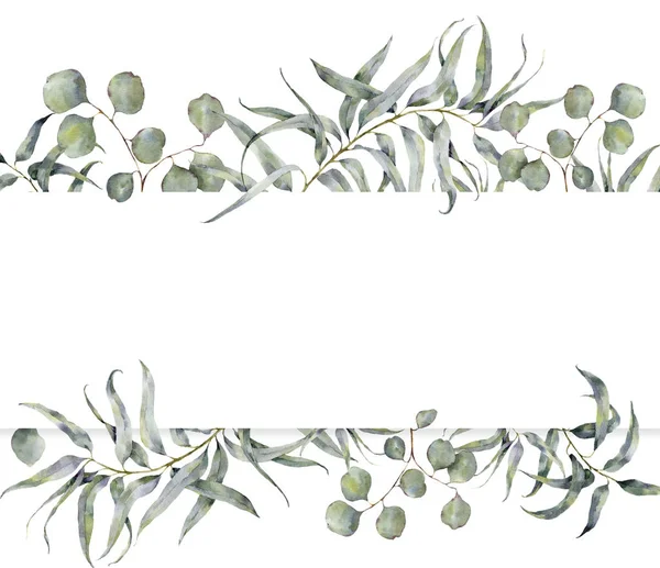 Carte aquarelle avec branche d'eucalyptus. Cadre floral peint à la main avec des feuilles rondes d'eucalyptus dollar argent isolé sur fond blanc. Pour la conception ou l'impression — Photo