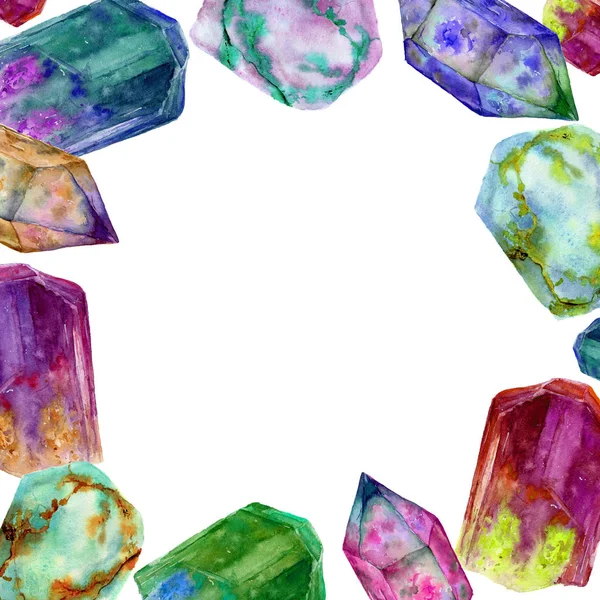 Aquarellbordüre mit hellen Edelsteinen. handbemalter Kristallrahmen isoliert auf weißem Hintergrund. für Design oder Druck — Stockfoto
