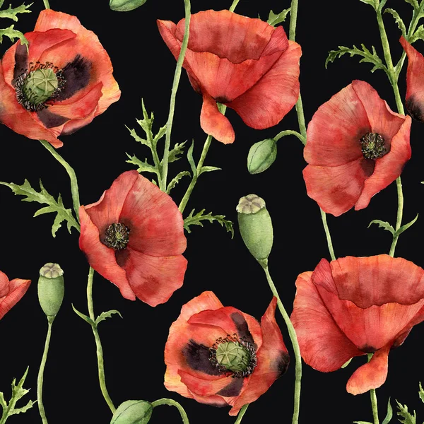 Akvarell sömlösa mönster med vallmo blommor. Handmålade blommig illustration med blommor, blad, frökapsel och grenar isolerad på svart bakgrund. För design, tryck och bakgrund — Stockfoto