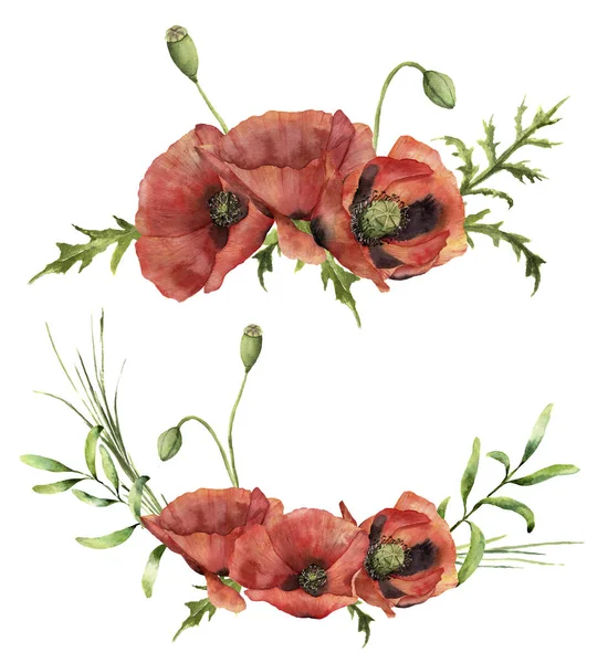 Akvarelu květinová kompozice s makové květy. Ručně malované kytice s květy, listy, semena kapsle a větve izolovaných na bílém pozadí. Pro návrh, tisk a pozadí — Stock fotografie
