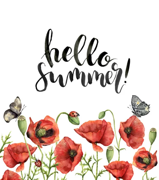 Akvarell-blommig kort med Hej sommar bokstäver. Handmålade — Stockfoto