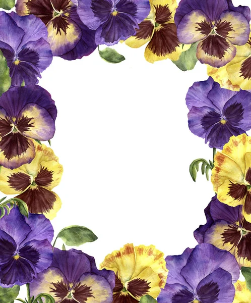 Ακουαρέλα floral προσκλητήριο με πανσές λουλούδια. Χειροποίητη Εικόνα με άνθη, φύλλα και κλαδιά που απομονώνονται σε λευκό φόντο. Κάρτα για το σχεδιασμό, εκτύπωση και φόντο — Φωτογραφία Αρχείου