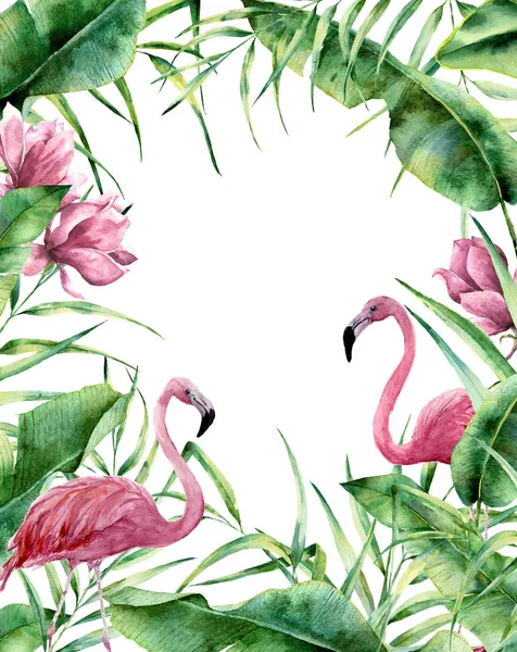 Akvarell trópusi keret. Kézzel festett egzotikus virág határ Pálma levelek, banán ágat, magnolia virágok és flamingó a elszigetelt fehér háttér. Esküvői és üdvözlés, design, illetve a nyomtatás. — Stock Fotó