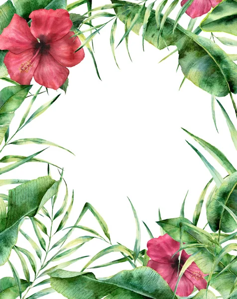 Akwarela egzotycznych kwiatów ramki. Ręcznie malowane kwiatowy granicy z palmą liści, gałęzi banana i hibiscus izolowana na białym tle. Ślub i pozdrowienie projekt albo Drukuj. — Zdjęcie stockowe