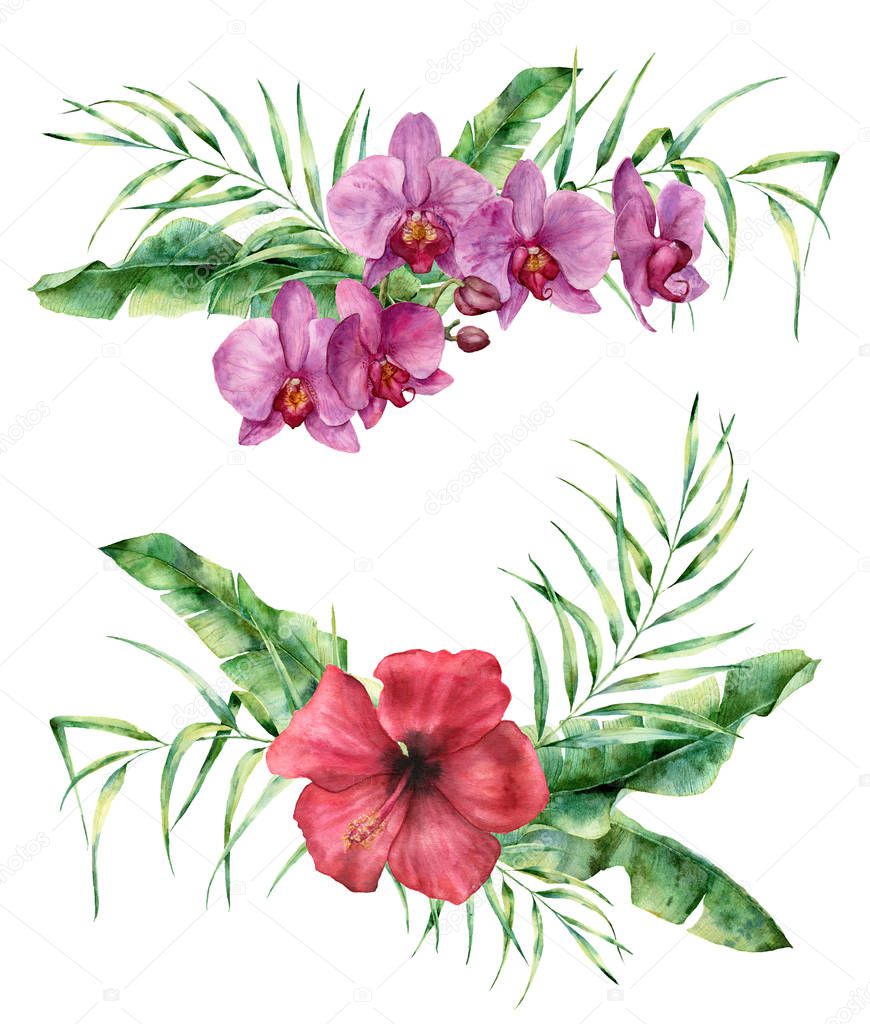 Watercolor floral composition with exotic flowers and leaves. Hand painted bouquet with hibiscus and orchid, palm leaves and branches isolated on white background. Tropical flowers for design