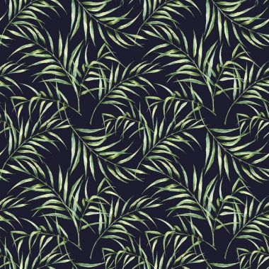 Palmiye ağacı ile suluboya desen bırakır. El koyu mavi arka plan üzerinde izole egzotik yeşillik şube boyalı. Botanik illüstrasyon. Tasarım, yazdırma veya arka plan için