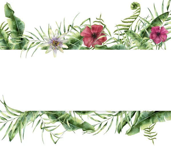 Carte florale tropicale aquarelle. Cadre d'été peint à la main avec feuilles de palmier, branche de fougère, feuilles de banane et de magnolia, fleur d'hibiscus isolée sur fond blanc. Étiquette exotique pour le design — Photo