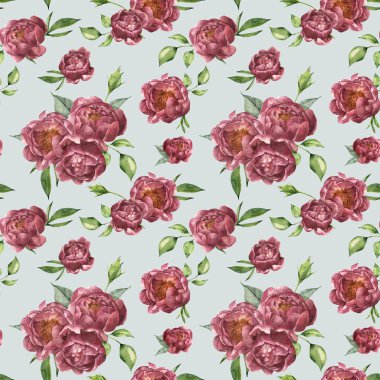 Suluboya Şakayık ve yeşillik desen. Çiçekler ve yapraklar üzerinde mavi arka plan izole çiçek süsleme el boyalı. Vintage botanik illüstrasyon tasarımı için.