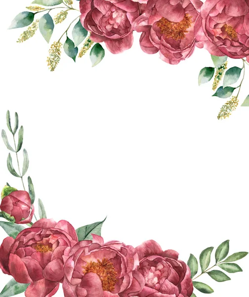 Aquarell Vintage Blumenkarte. Retro-Stil Posy Set mit Eukalyptuszweigen, Pfingstrose, Grün und Blättern isoliert auf weißem Hintergrund. Blume Hand bemalte Illustration für Design. — Stockfoto