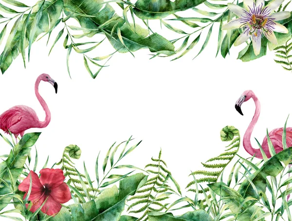 Aquarell tropische Blumenkarte mit Flamingo. Handbemalter Sommer — Stockfoto