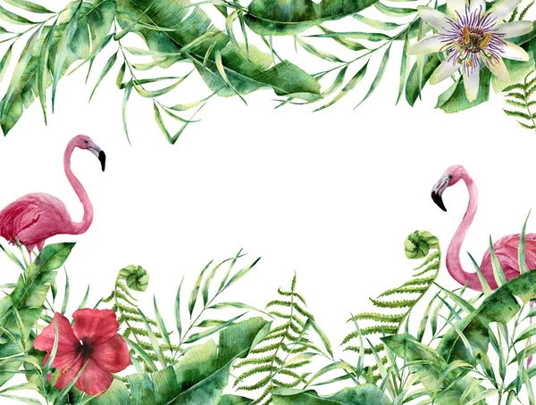 Watercolor tropical floral card with flamingo. Hand painted summ