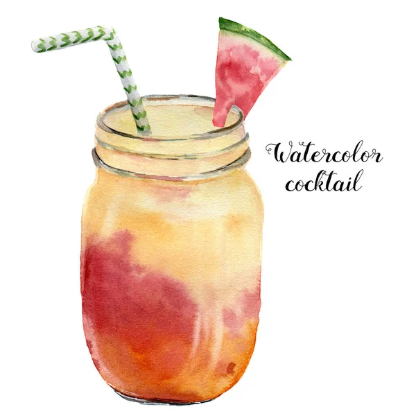 Akvarell exotisk cocktail med vattenmelon. Handmålade sommaren tropisk drink i burk isolerad på vit bakgrund. Mat illustration. För design eller bakgrunden. — Stockfoto