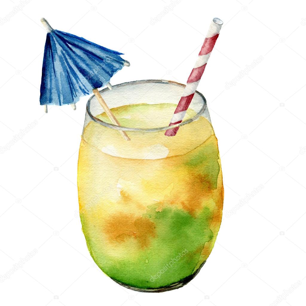 Watercolor cocktail with exotic fruit. Hand painted summer tropical drink in jar isolated on white background. Food illustration. For design or background.