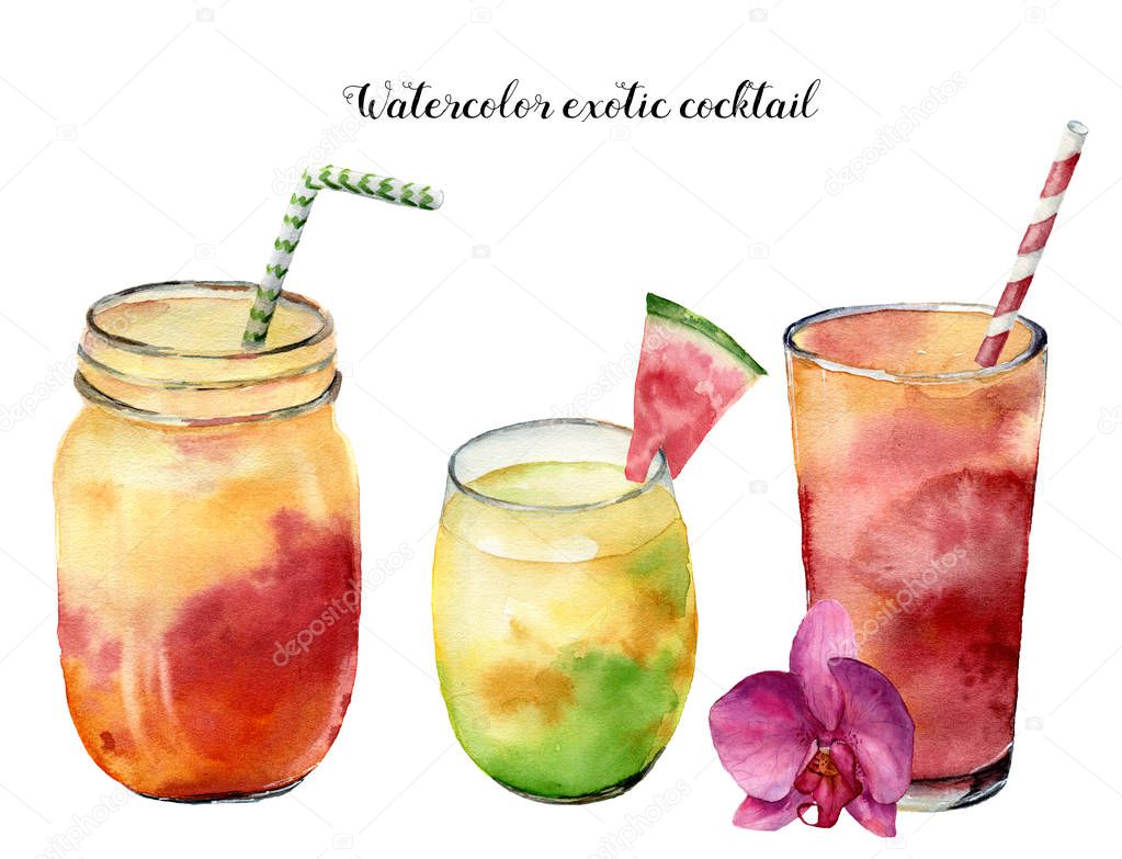 Watercolor exotic cocktails set. Hand painted summer tropical drink isolated on white background. Food illustration. For design or background.