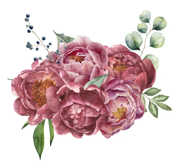 Akwarela bukiet Piwonia, eukaliptusa i zieleni. Ręcznie malowane kompozycji kwiatowych z kwiatów, owoców i liści na białym tle. Vintage ilustracji botanicznych dla projektu. — Zdjęcie stockowe
