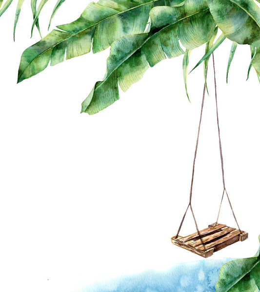 Watercolor tropical card with swing. Hand painted porch swing on banana palm isolated on white background. Tropical print for design, print or background