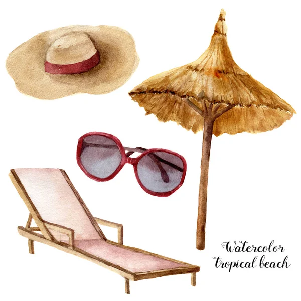 Aquarel tropisch strand set. Handgeschilderde zomer vakantie objecten: strand stoel en strow hoed, zonnebril, parasol. Illustratie geïsoleerd op witte achtergrond. — Stockfoto