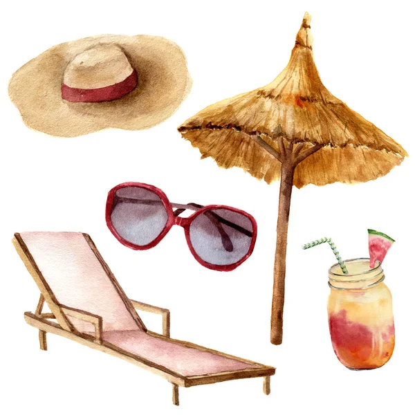 Aquarel tropische vakantie set. Handgeschilderde zomer strand objecten: strand stoel en strow hoed, zonnebril, parasol, coctail. Illustratie geïsoleerd op witte achtergrond. — Stockfoto