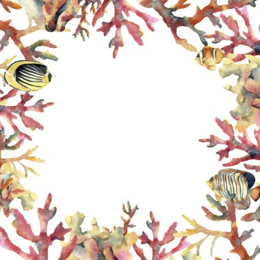 Suluboya kağıdı ile mercan ve balık. El sualtı çerçeve beyaz arka plan üzerinde izole mercan dalları ile boyalı. Tropikal deniz hayat illüstrasyon. Tasarım, yazdırma veya arka plan için.