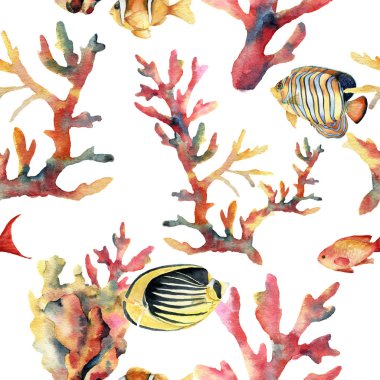 Sulu Boya Dikişsiz desen mercan ve balık ile. Beyaz arka plan üzerinde izole sualtı dalları ile süsleme el boyalı. Tropikal deniz hayat illüstrasyon. Tasarım, yazdırma veya arka plan için.