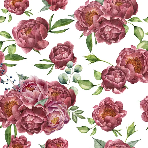 Padrão aquarela com peônia, eucalipto e vegetação. Ornamento floral pintado à mão com flores e folhas isoladas em fundo branco. Ilustração botânica vintage para design . — Fotografia de Stock