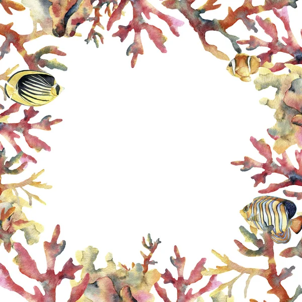 Tarjeta acuarela con coral y peces. Marco submarino pintado a mano con ramas de coral aisladas sobre fondo blanco. Ilustración de vida marina tropical. Para diseño, impresión o fondo . —  Fotos de Stock