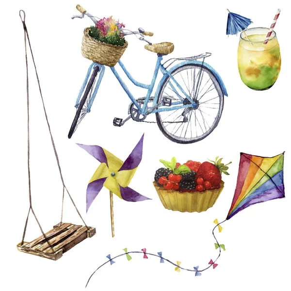 Watercolor summer pleasures set. Hand painted summer vacation objects: swing, cocktail, kait, fruit cake, bike and windmill. Illustration isolated on white background. — Stock Photo, Image