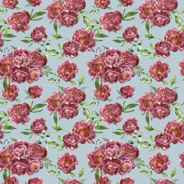 Modello vintage acquerello con peonia, eucalipto e verde. Decorazione floreale dipinta a mano con fiori e foglie su sfondo blu. Illustrazione botanica vintage per il design . — Foto Stock