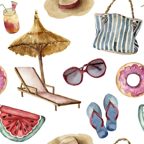 Aquarel zomer strand patroon. Handgeschilderde zomer vakantie objecten: zonnebril, strand-paraplu, strandstoel, stro hoed, strandtas, zwembad drijvers en slippers. Tropische illustratie. — Stockfoto