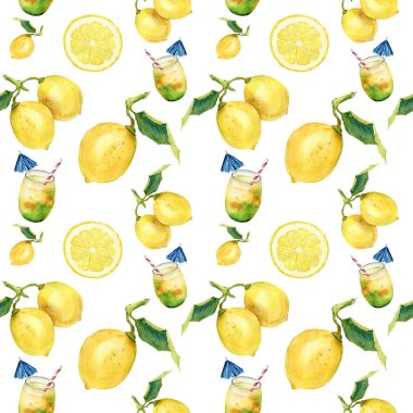 Suluboya limonata seamless modeli. Narenciye andcocktail süsleme isolatedon beyaz arka plan. Tasarım, kumaş veya baskı için