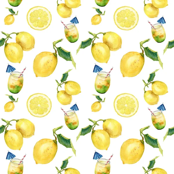 Acquerello limonata modello senza soluzione di continuità. Agrumi e ornamento cocktail isolati su sfondo bianco. Per design, tessuto o stampa — Foto Stock