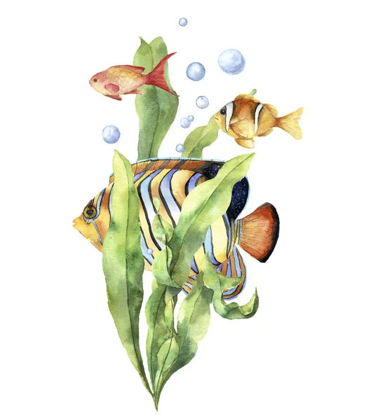 Aquarell-Aquariumkarte mit Fisch. handgemalter Unterwasserdruck mit tropischen Fischen, Algenzweigen und Luftblasen isoliert auf weißem Hintergrund. Illustration für Design, Druck oder Hintergrund — Stockfoto