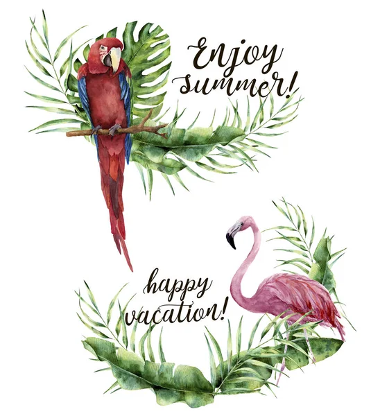 Aquarel geniet van zomer en gelukkig vakantie afdrukken. Handgeschilderde bloemen label met tropische plant, flamingo en papegaai. Illustratie met palm tree bladeren en exotische vogel geïsoleerd op witte achtergrond. — Stockfoto