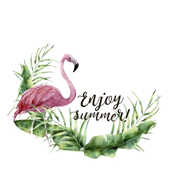 Akvarell élvezze nyáron nyomtatási. Kézzel festett virágos nyári kártya trópusi növény és a flamingo. Illusztráció palm fa levelei és egzotikus madár elszigetelt fehér background. A design — Stock Fotó
